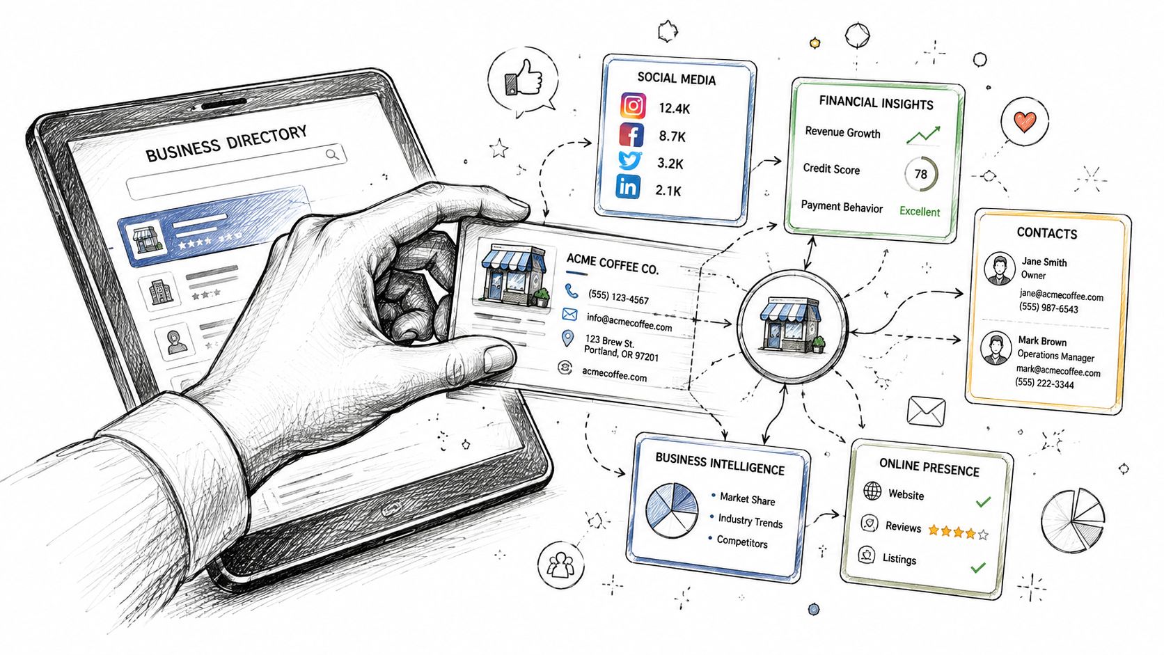 Uma mão selecionando um cartão de visita de um diretório digital em uma tela de tablet, exibindo ícones de gerenciamento de negócios.