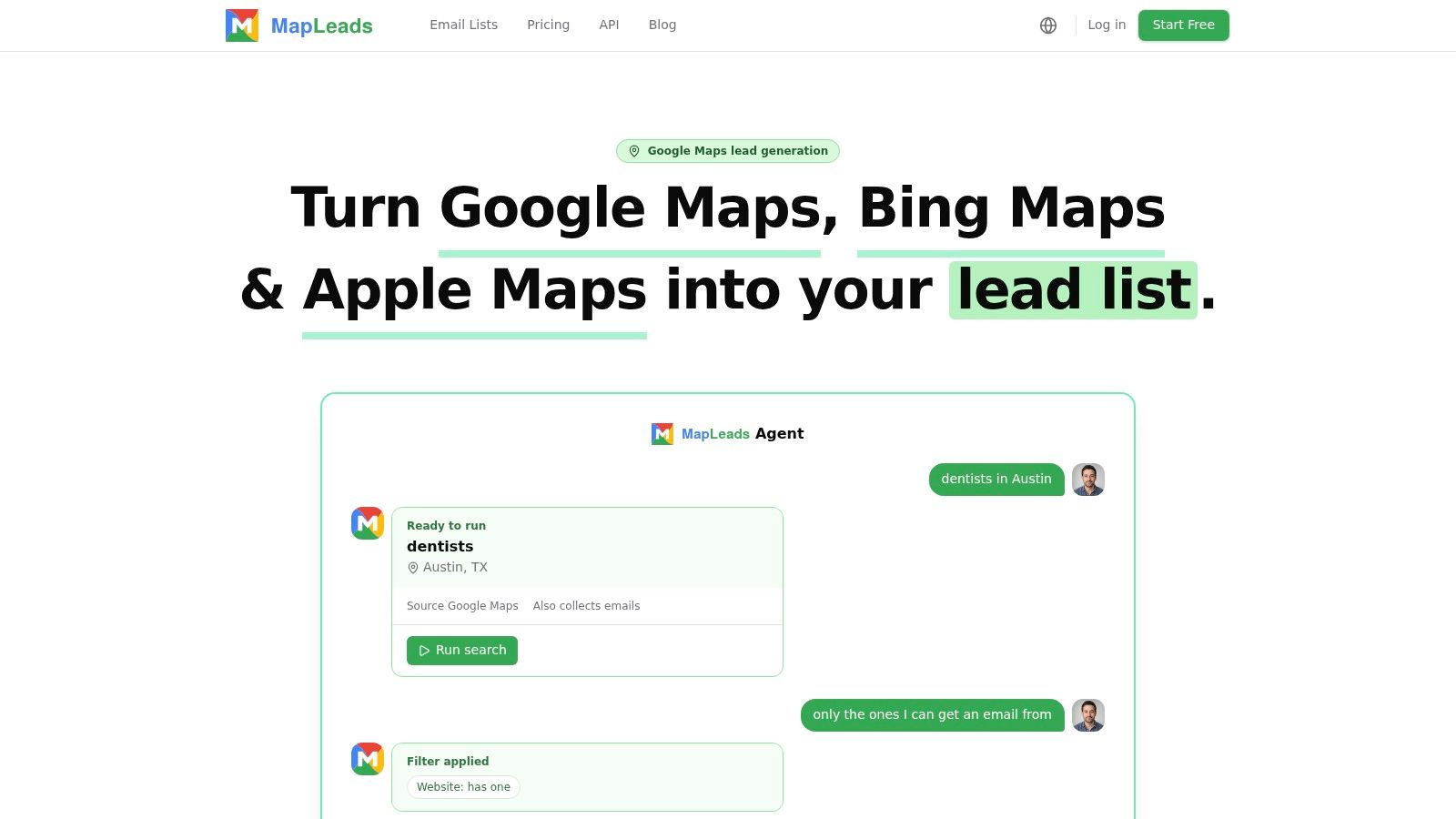 Captura de tela de https://mapleads.ai