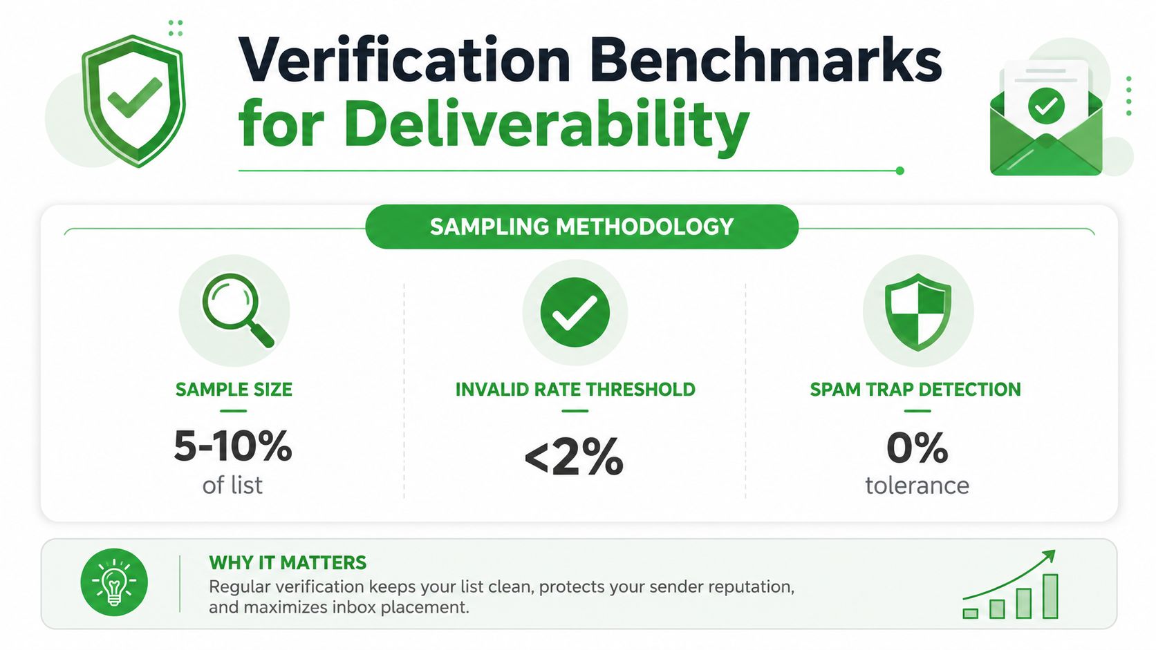 Um infográfico mostrando benchmarks de verificação para a entregabilidade de e-mails, incluindo tamanho da amostra, limite da taxa de inválidos e detecção de spam traps.