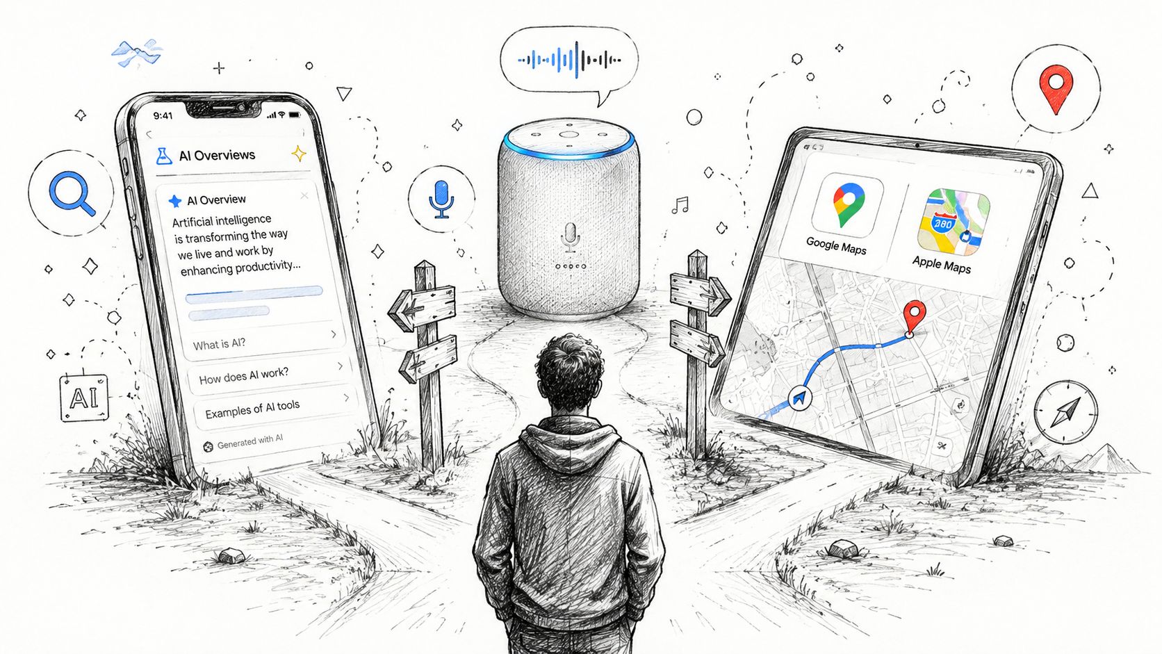 Uma pessoa em uma encruzilhada entre a tecnologia de IA e ferramentas de mapeamento digital exibidas em telas de tablets.